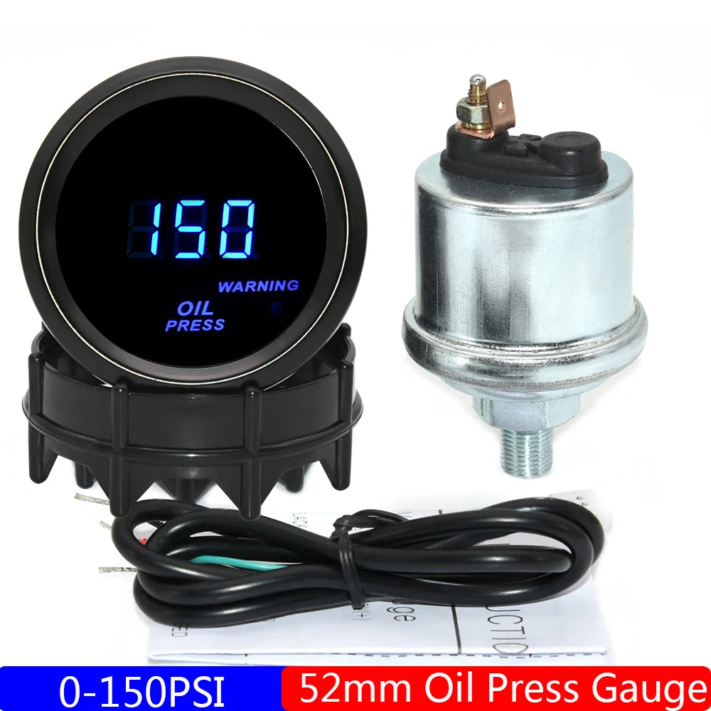 2" 52mm Car Digital Turbo Boost Gauge PSI BAR Water Temp Oil Temp Oil Pressure Gauge Voltmeter EGT Tachometer RPM Gauge Car 12V