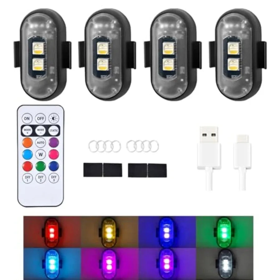 Wireless Strobe Lights with Remote Control Motorcycle Car LED 8 Colors Anti-Collision USB Charing Waterproof Interior Emergency