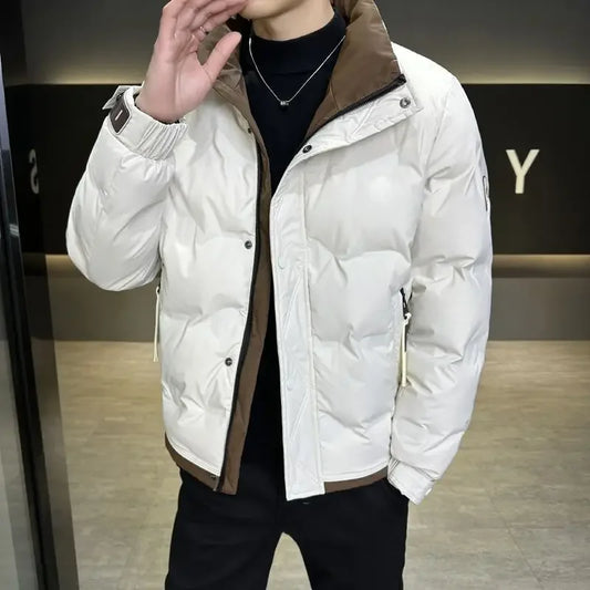 Korean Style Men's Short Down Jacket 2025 Winter Warm Slim Fit White Duck Down Coat with Stand Collar for Youth