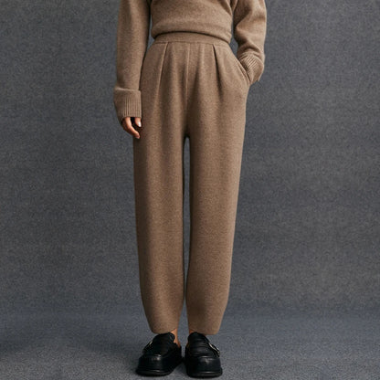 Women's 100% Cashmere Casual Solid Color Knitted Jogging Pants Elastic Waist Sports Pants with Pocket Thickened Warm