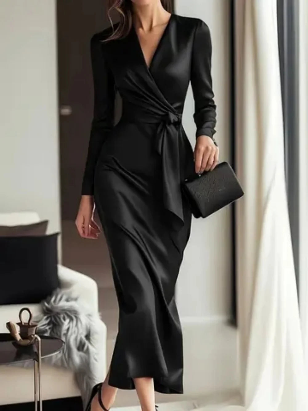 Autumn temperament goddess Hepburn style long-sleeved lace-tight waist dress for women