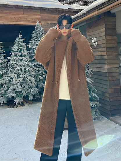 Autumn Winter Teddy Bear Fur Fashionable Versatile Men's Coat Loose Long over Knee Windbreaker Jacket Warm Stylish Urban Style