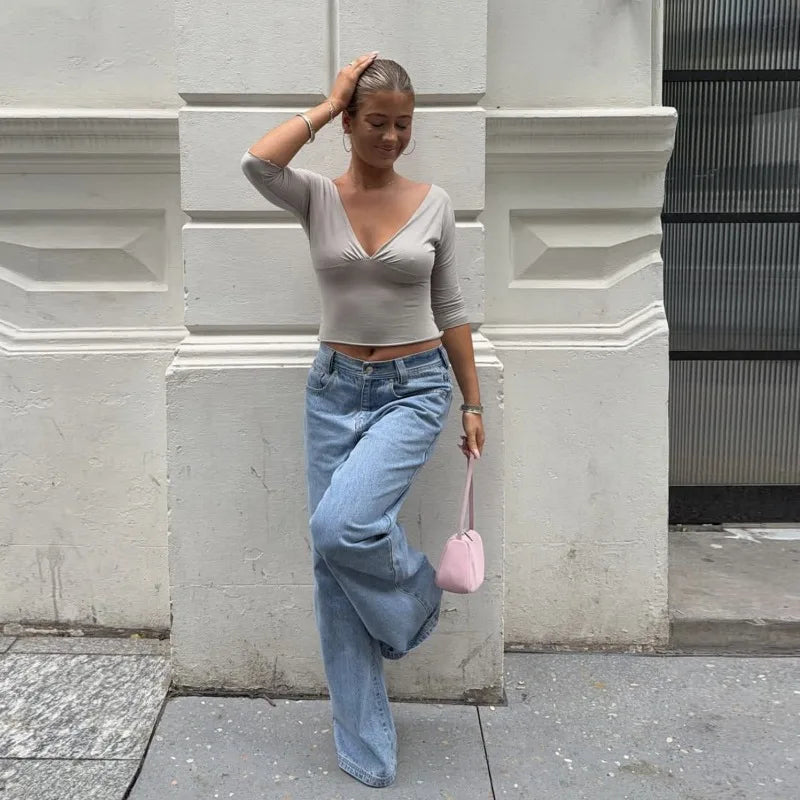 Tossy Summer V-Neck Sexy T-Shirts Top Women Patchwork Casual Solid Slim Commute Y2k Top Pullover Female Backless Tee Top 2026