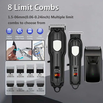 Professional Cordless Hair Clipper Set for Men Rechargeable Electric Hair Trimmer with LED Display Grooming Kit with Accessories