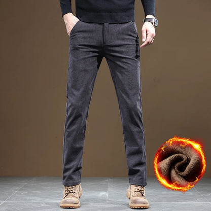 2024 New Winter Fleece Warm Corduroy Pants Men Business Fashion Slim Fit Stretch Thicken Gray Khaki Fluff Casual Trousers Male