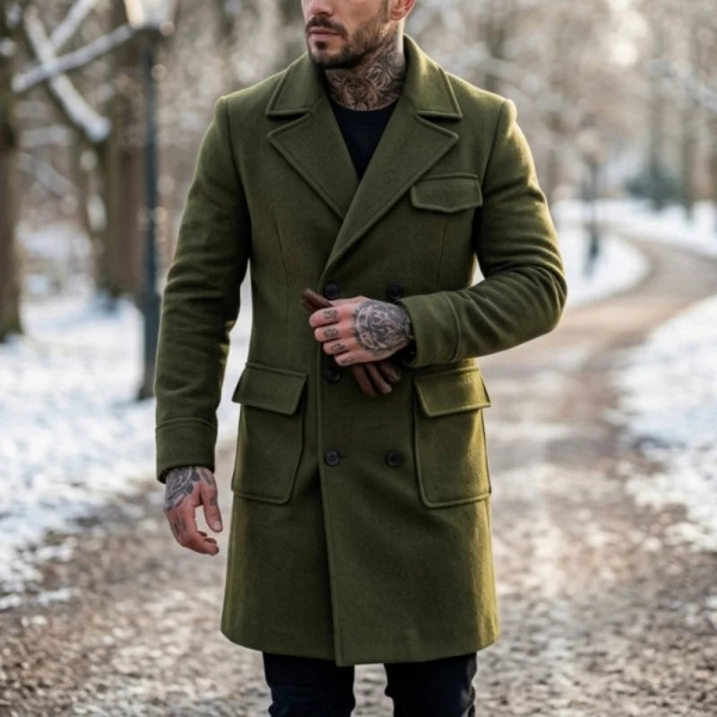 New Men's Wool Blend Trench Coat Warm & Windproof | Double-Breasted Design Mid-Length Streetwear Jacket for Casual  Outdoor Wear