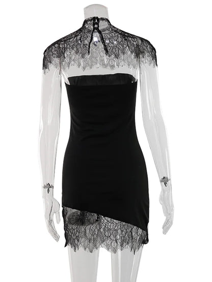 Ahagaga Sexy Women's Mini Dresses Solid Patchwork Lace Slash Sleeveless Sheath Bodycon Sheer Regular Casual Streetwear Vestidos