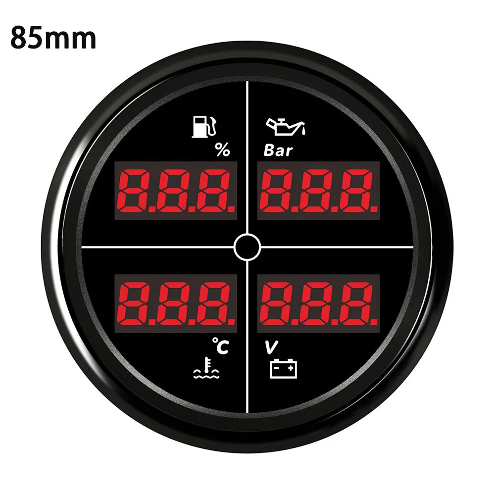 ELING Digital 52mm 85mm Car 4 in 1 Multifunction Gauge with Fuel Level Oil Pressure Water Temp. Voltmeter and 8 Colors Backlight