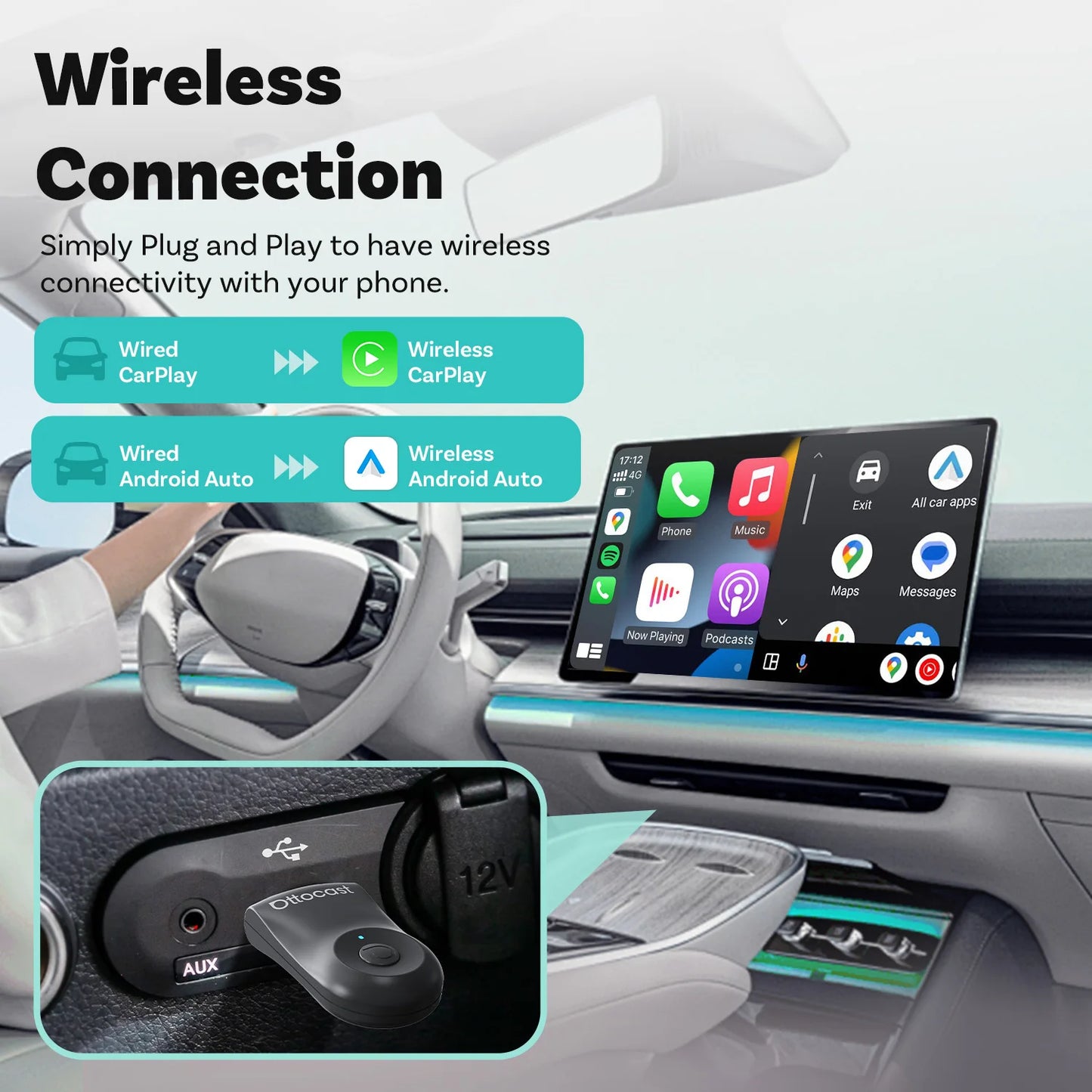 OTTOCAST NEW Mini Wireless CarPlay Android Auto Wireless Adapter Plug And Play WiFi Fast Connect Dongle For Toyota Audi Benz