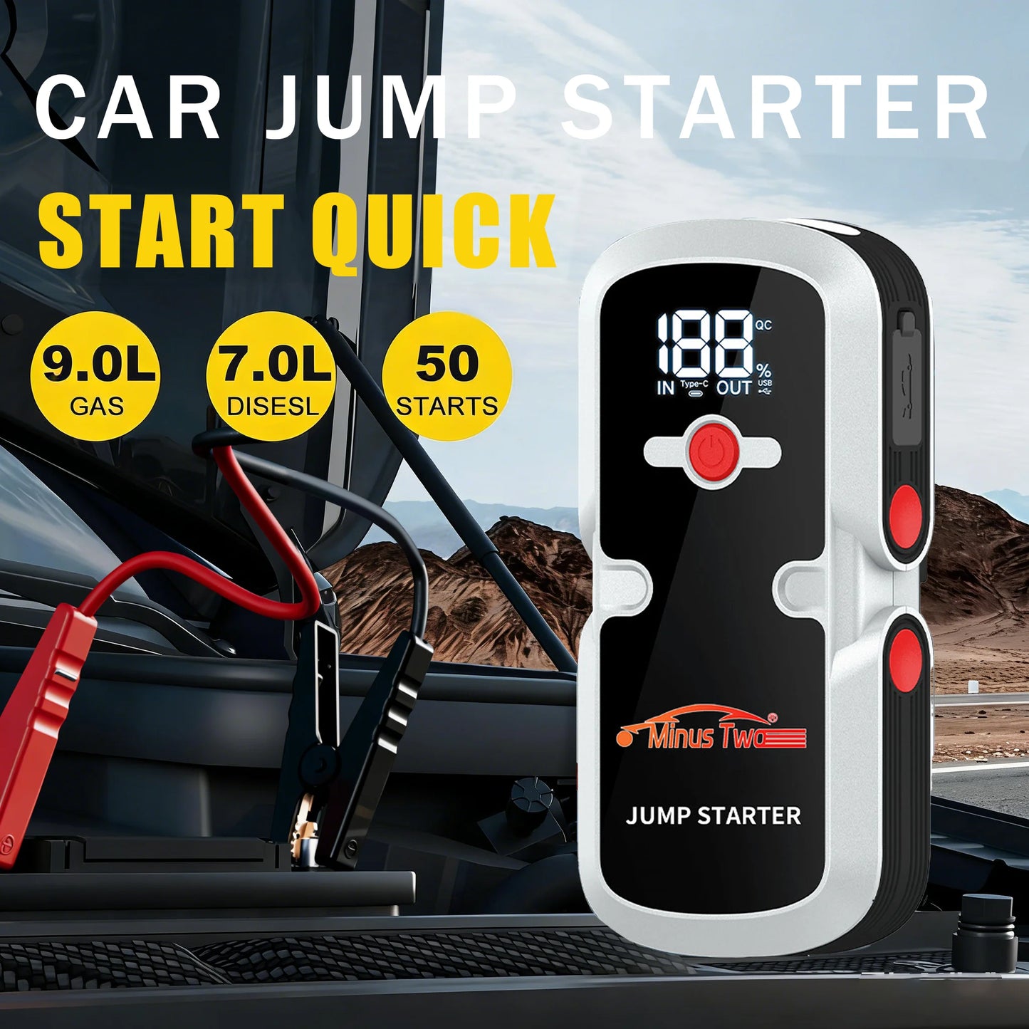 All Engine Portable Jump Starter, Car Battery Booster Power Bank, USB Fast Charging & LED Flashlight Emergency Kit