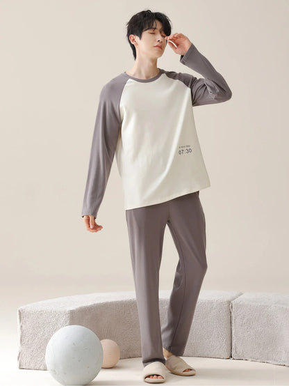 Men's 100% cotton long sleeved four season plus size men's sleepwear, teenage pure cotton home suit set for warmth