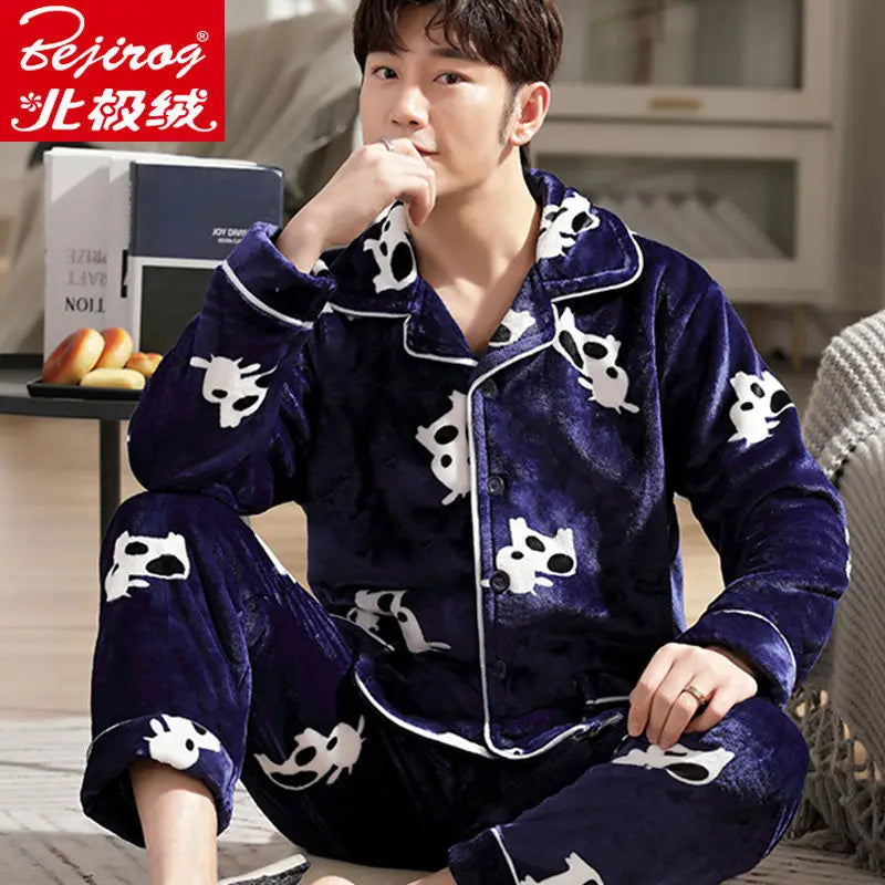 Pajama Sets Flannel Pajamas Men's Winter Thickening Warm Suit Long-sleeved Loose Home Clothes Autumn Cardigan