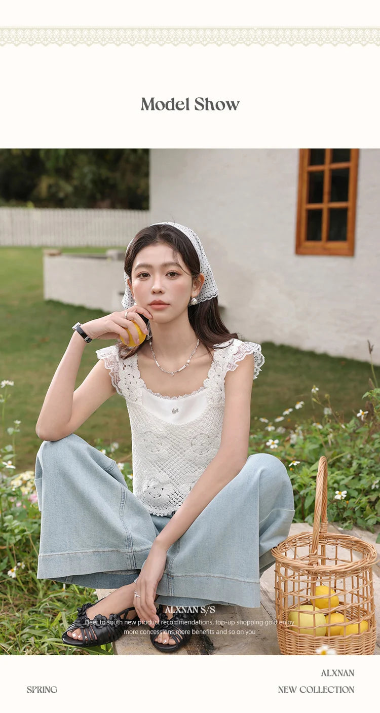 ALXNAN White Tank Tops 2026 Summer Elegant Cotton Women's Camisole Lace Fake Two-piece Design Chic Sleeveless Tops Ladies L53815