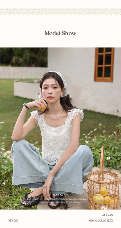 ALXNAN White Tank Tops 2026 Summer Elegant Cotton Women's Camisole Lace Fake Two-piece Design Chic Sleeveless Tops Ladies L53815