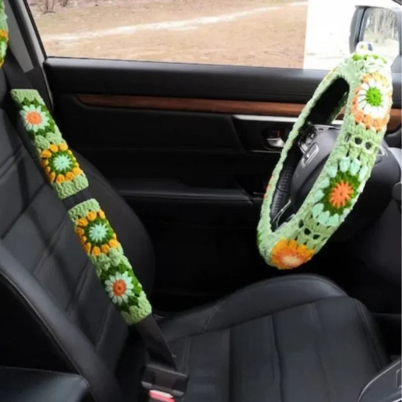 Hand Crocheted Flower Car Steering Wheel Cover Warm Anti Slip Grip Seat Belt Safe Simple Style Winter Auto Decor Accessory