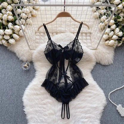 Sexy Lace Strap Jumpsuit Slim Fit Transparent Women's Pajamas Halter Playsuit Erotic Lingerie Catsuit Backless Hollowed Bodysuit