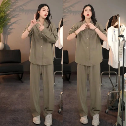 Casual Linen Silk Men Women Set Spring Summer Fashion Straight Leg Pants Long Sleeve Shirt Outerwear Two Piece Set Couple Out...