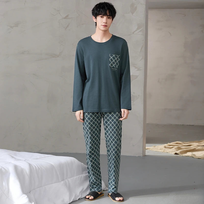 Newest Men Pajamas Set 100% Cotton Sleepwear Male Autumn Long Sleeve Pyjamas