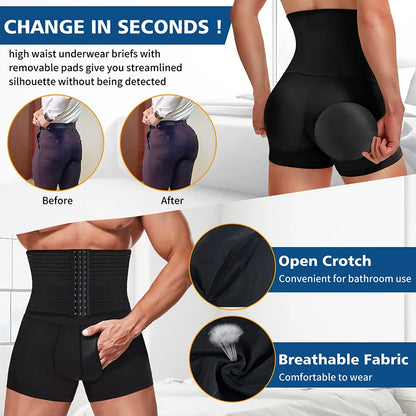 New Men Padded Boyshorts Butt Lifter High Waist Tummy Control Shorts with Buckle Hip Enhancer Compression Belly Shaper Panties