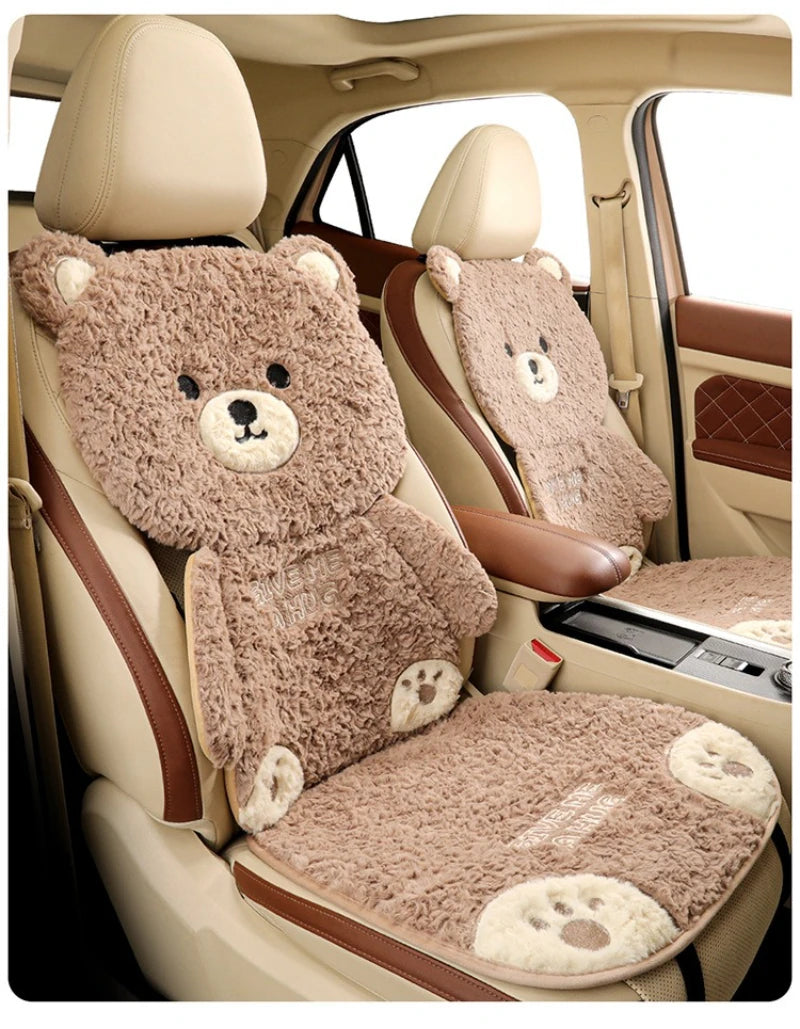 Cartoon 3D Bear Universal Car Seat Cushion Covers Plush Backrest for Autumn Winter Warm Cute Designed Seat Accessories