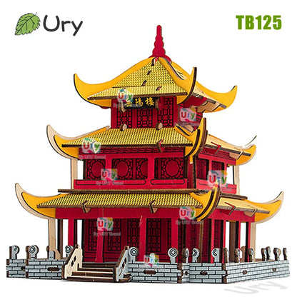 Ury 3D Wooden House Colorful Chinese Traditional Puzzle Building DIY Model Game Assembly Desktop Toy Gift for Adult