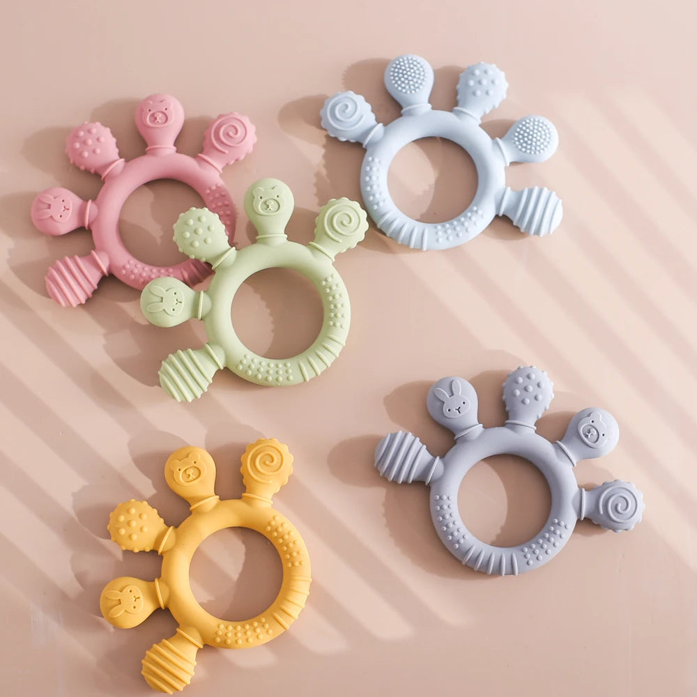 Colorful 5-Finger Silicone Teething Ring – Multi-Directional Bite, BPA-Free, Easy to Clean, Shape & Color Cognition Gift