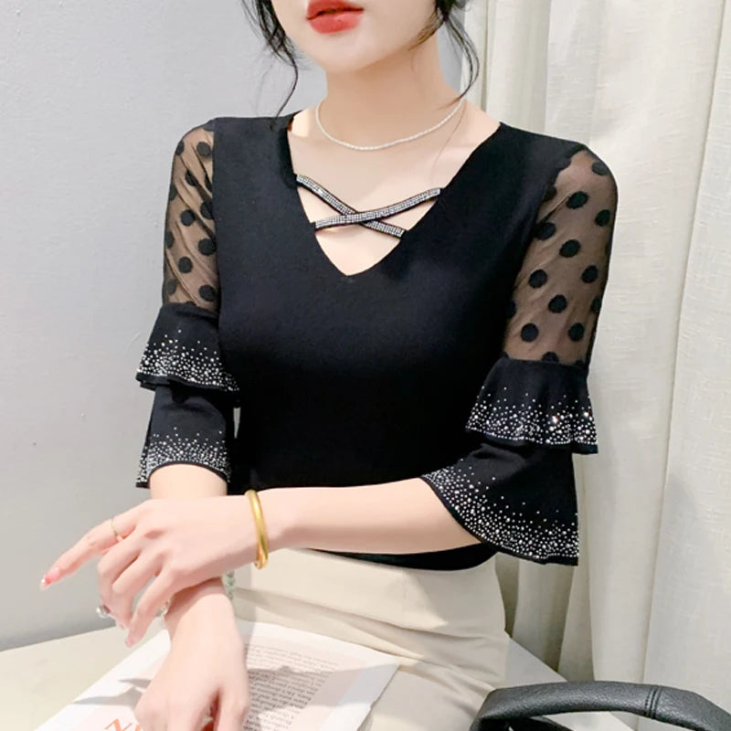 2026 Spring Summer Mesh Tops Korean Fashion Diamond T Shirt Slim 3/4 Sleeve Hollow Out Casual Women Shirt