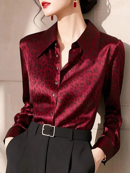 Red Leopard Print Long Sleeve Shirt Women's Fashionable Maturity Style Premium Quality Top Trendy Autumn 2025 Casual Wear