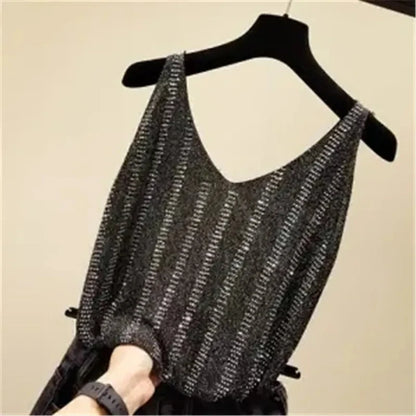 Rhinestones Tank Top Elegant Sleeveless Shiny Loose Knit Camis Corset Summer Women's Tube Top Aesthetic Clothing Korean