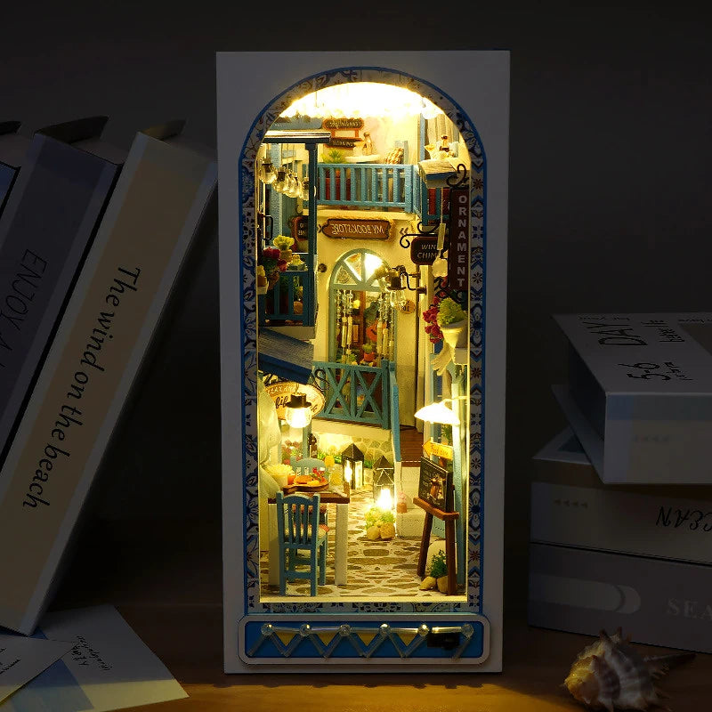 DIY Book Nook Kit Bookend Kit Wooden Doll House Bookshelf Insert Decor With Warm Light 3D Puzzle Assembly Building Model Gifts