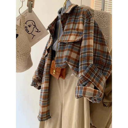 Retro Color Block Thickened Plaid Shirt Women's Loose Mid-Length Woolen Coat Spring Autumn Seasonal Korean Style Commute Wind