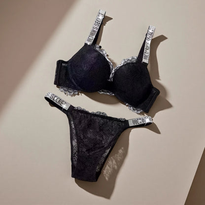 Victoria's Secret Bra and Panty Set Classic Women's Lingerie Set Sexy Lace Trim Pattern Breathable Gathered Padded New Soft