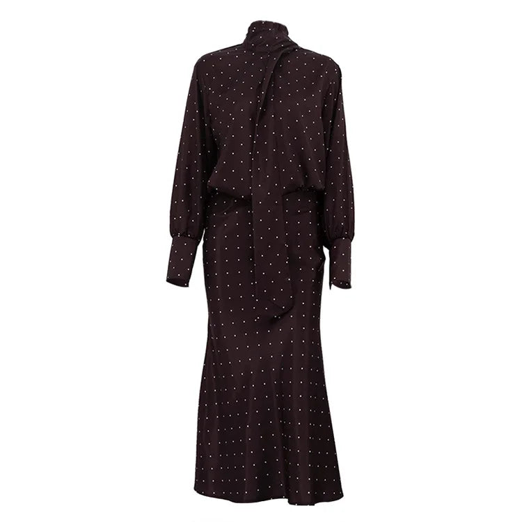 Two Piece Skirt Set Printed Polka Dot Satin Skirt Set Women's Long Sleeved Lace Up Shirt+high WAIST Midi Skirt Set