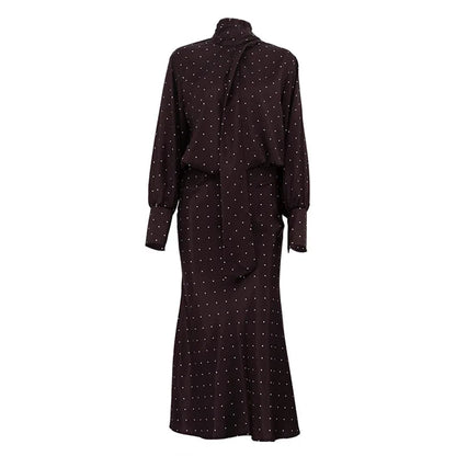Two Piece Skirt Set Printed Polka Dot Satin Skirt Set Women's Long Sleeved Lace Up Shirt+high WAIST Midi Skirt Set
