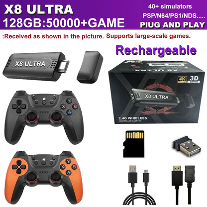 The X8 ULTRA retro video game console comes pre-installed with 50,000 games and plug-and-play PS1/N64/PSP emulators.