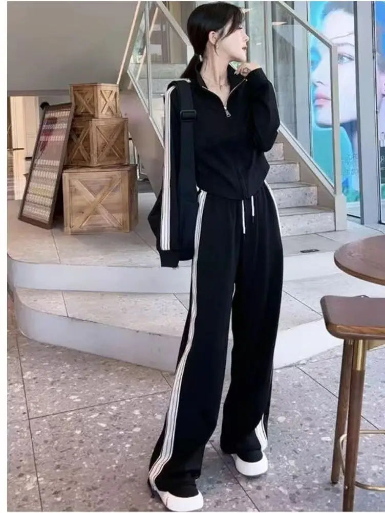 Fashionable Sportswear Set Women's Stand Collar Sweatshirt Slimming Two-Piece Suit Korean Style Commute High Waist Long Pants