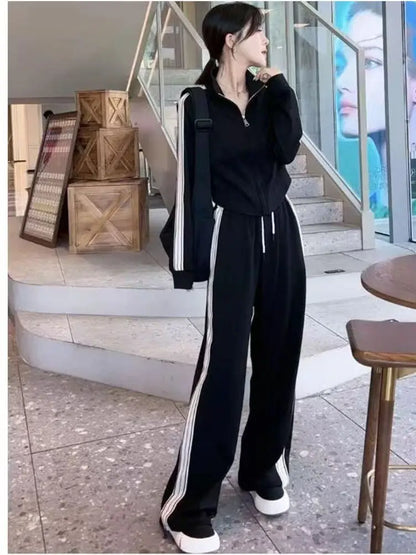 Fashionable Sportswear Set Women's Stand Collar Sweatshirt Slimming Two-Piece Suit Korean Style Commute High Waist Long Pants