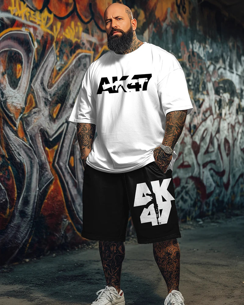 9XL Plus Size Men's AK47 Street Print T-Shirt & Shorts 2-Piece Set Soft Breathable Urban Streetwear Outfit