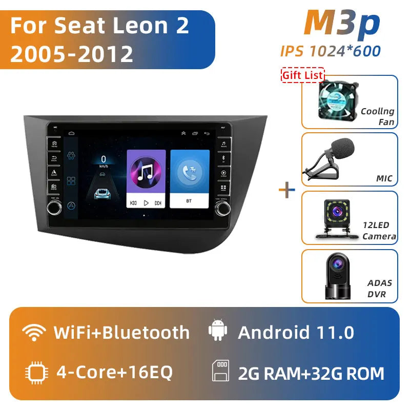 Jundof 2 Din Android 12 For Seat Leon 2 MK2 2005-2012 Car Radio Multimedia Video Player Carplay Stereo Autoradio DVD IPS Screen