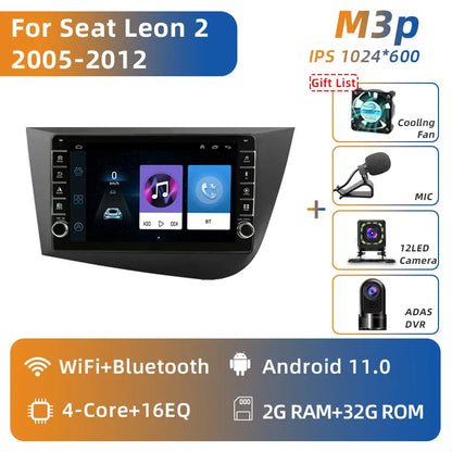 Jundof 2 Din Android 12 For Seat Leon 2 MK2 2005-2012 Car Radio Multimedia Video Player Carplay Stereo Autoradio DVD IPS Screen