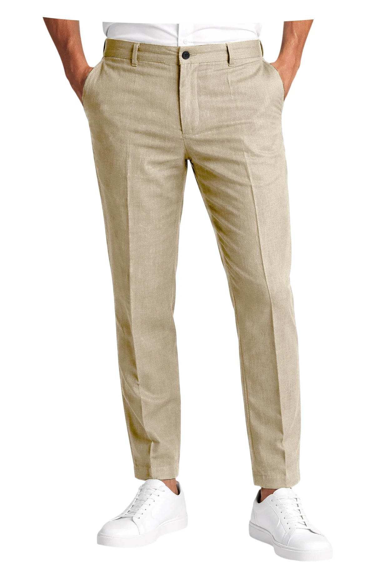 Men's Linen Cropped Pants Slim Fit 9 Points Ankle Dress Pants Business Casual High Waist Suit Trousers Breathable Office Summer