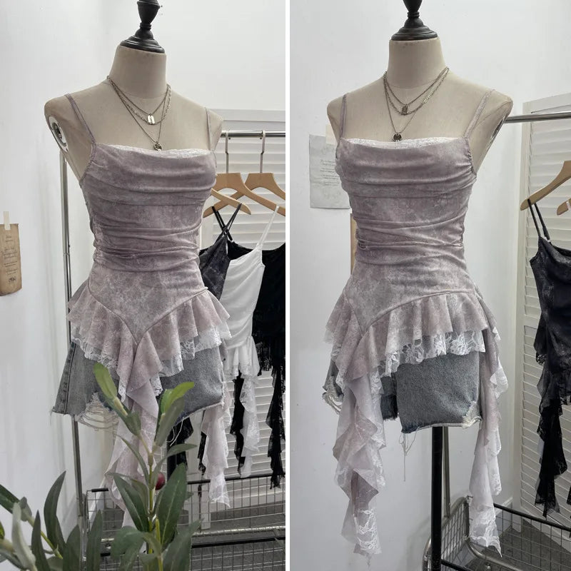 ISAROSE Summer Y2K Camisole for Women Casual Spaghetti Straps Double Layers Lace Stretch Mesh Patchwork Asymmetrical Slim Tops