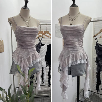 ISAROSE Summer Y2K Camisole for Women Casual Spaghetti Straps Double Layers Lace Stretch Mesh Patchwork Asymmetrical Slim Tops