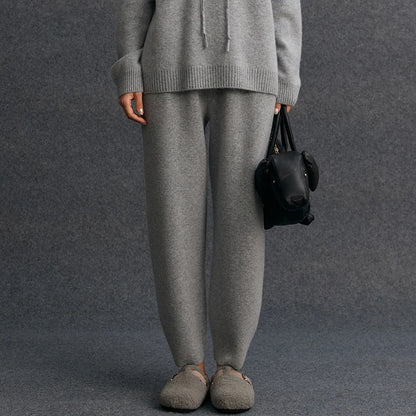 Women's 100% Cashmere Casual Solid Color Knitted Jogging Pants Elastic Waist Sports Pants with Pocket Thickened Warm