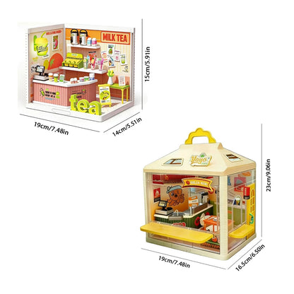 Micro Model Mini Dollhouse Playset with Light, Portable Grill Shop & Beauty Store Pretend Play Toy for Kids, Ideal Birthday Chri