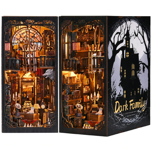 Book Nook Kit The Dark Family DIY Wooden Puzzle Gothic Style Halloween Bookshelf Dollhouse Model Bookend Building Home Dec