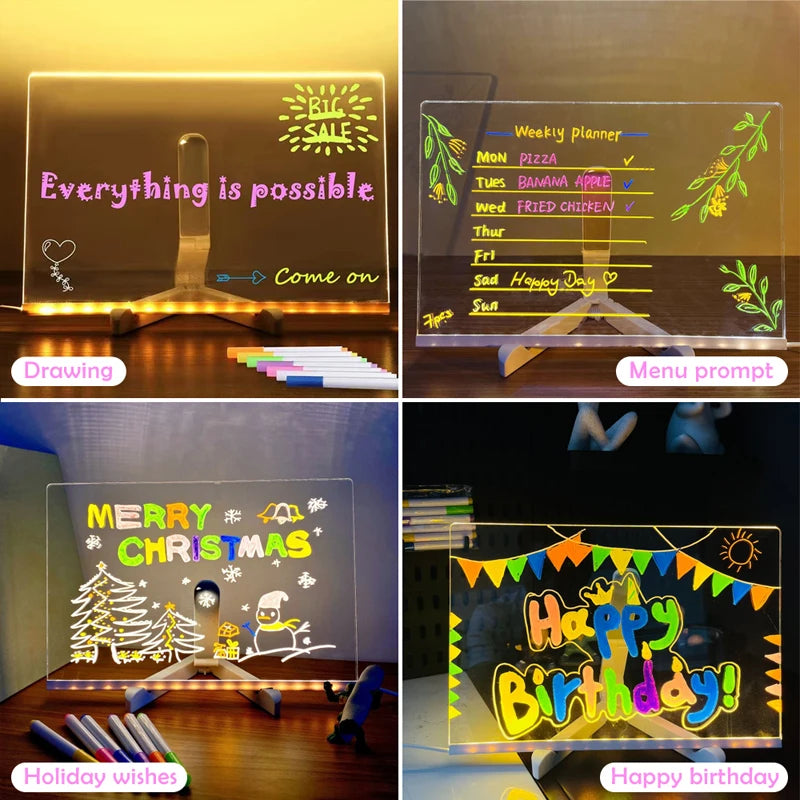 Luminous Acrylic Drawing Magic Led Transparent Board, Kids DIY Educational Toys Gift, LED Note Board With Stand and 7 Colors