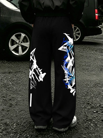 Y2K Abstract Blue Graffiti Geometric Print Mens Baggy Wide Leg Sweat Pants Loose Straight Drawstring Hip Hop Street Joggers