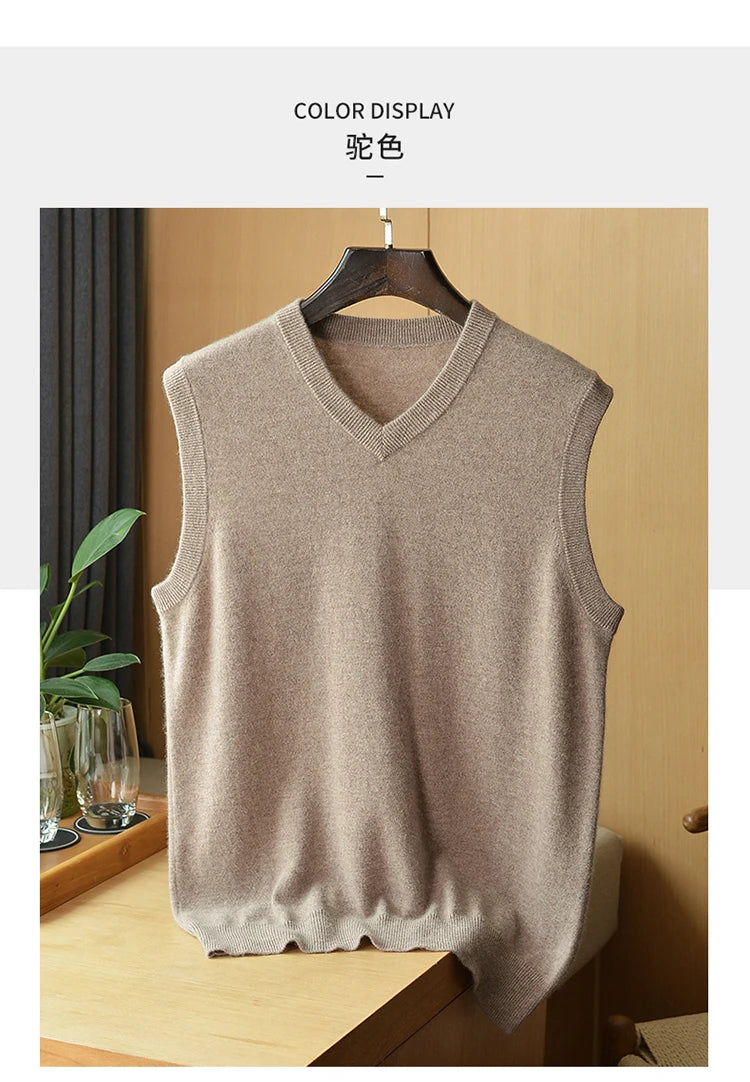 Autumn and Winter Men 100% Cashmere T-shirt V-neck Vest Simple Generous Wool Jumper Blue Soft Skin Breathable Men's Clothing