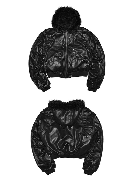 Mauroicardi Spring Autumn Cool Short Oversized Thick Warm Pu Leather Jacket Men with Faux Fur Trim Hood Luxury Designer Clothes